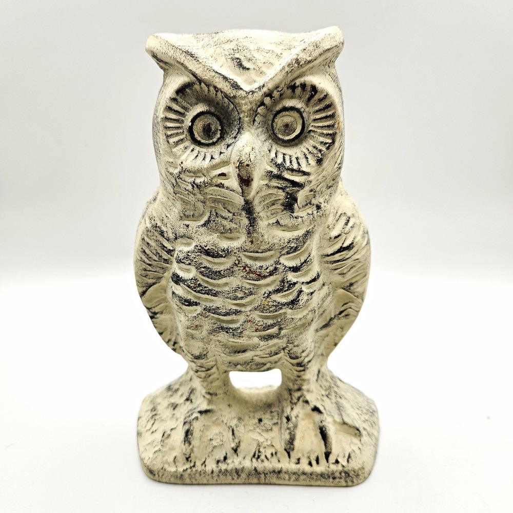 White Distressed Owl Figurine Doorstop cast Aluminum Shabby Chic
